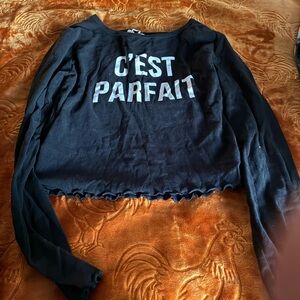 Black Long Sleeve Crop Top with White Text